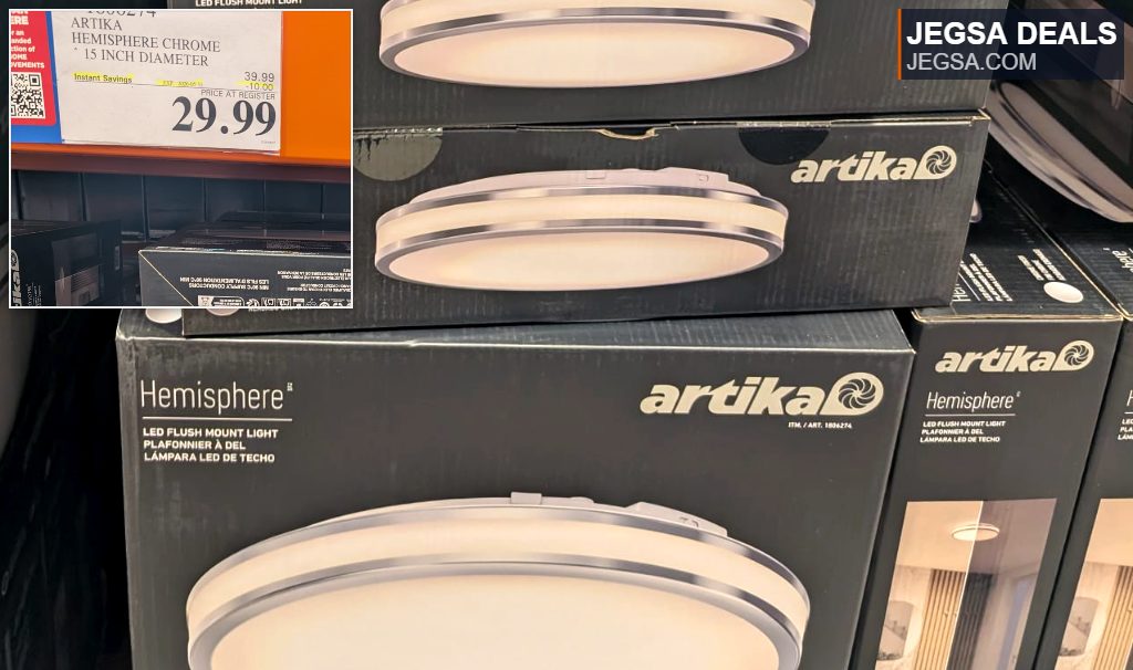 Artika Hemisphere Chrome 15-inch LED flush mount light from Costco, $29.99, featuring a sleek design for modern home illumination.