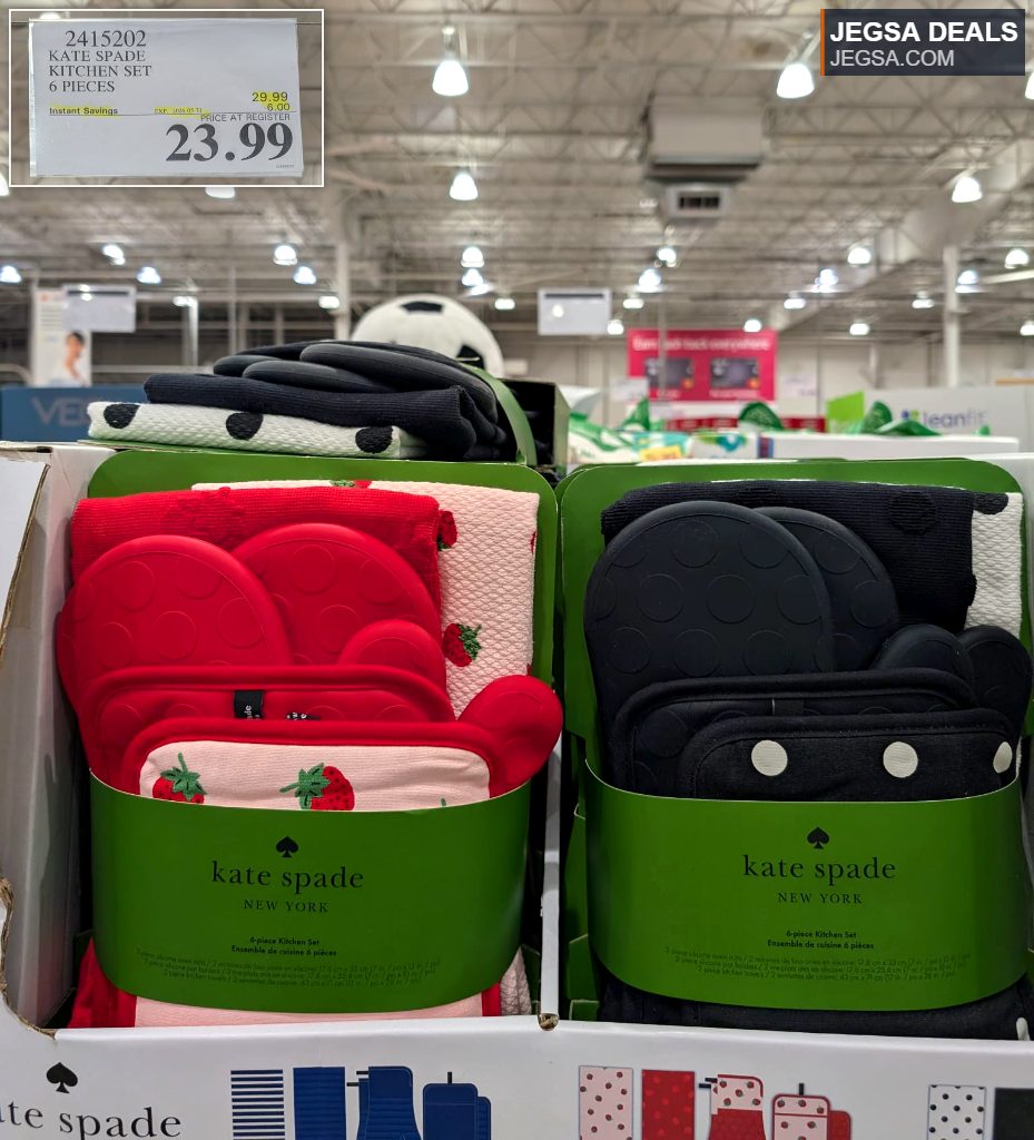 Kate Spade New York 6-piece kitchen set in red strawberry and black polka dot designs, featuring oven mitts, pot holders, and towels from Costco.