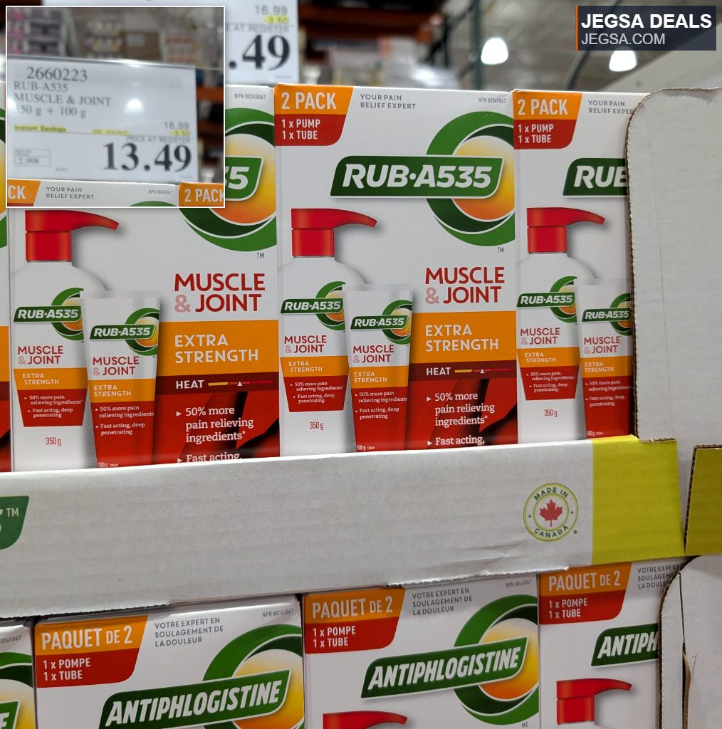 RUB-A535 Muscle & Joint Extra Strength 2-pack cream for pain relief, 350g + 100g, from Costco, priced at $13.49.