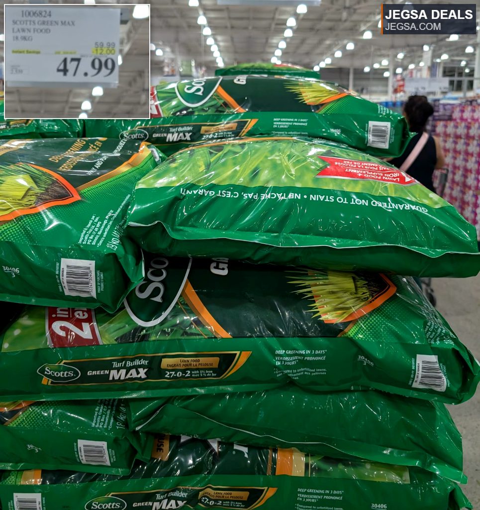 Large bags of Scotts Green Max Turf Builder lawn food in green packaging, 18.9kg, from Costco for $47.99.