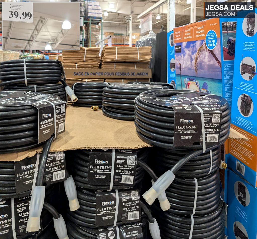 Black Flexon Flextreme contractor-grade rubber garden hose, 100ft, for heavy-duty watering, from Costco.