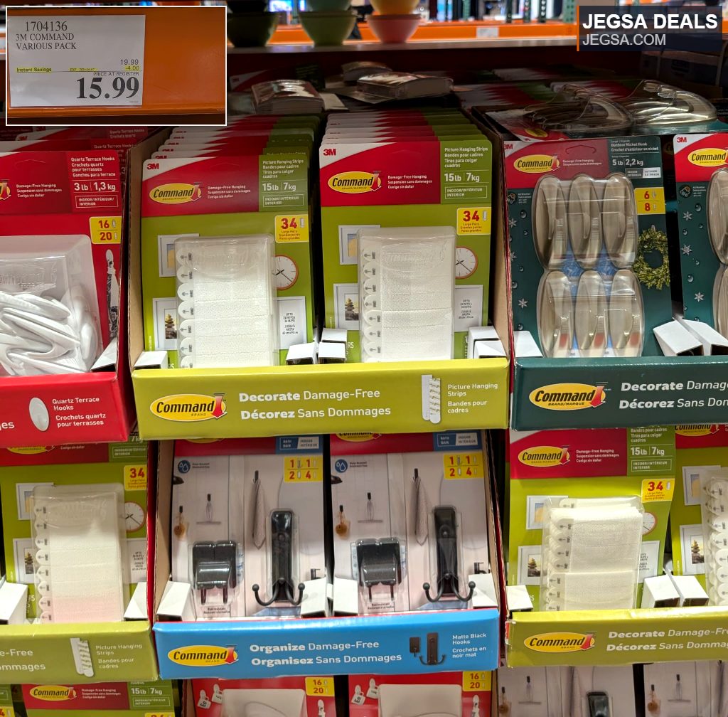 3M Command Damage-Free Hanging Strips and Hooks Variety Pack from Costco for $15.99, perfect for damage-free decorating.