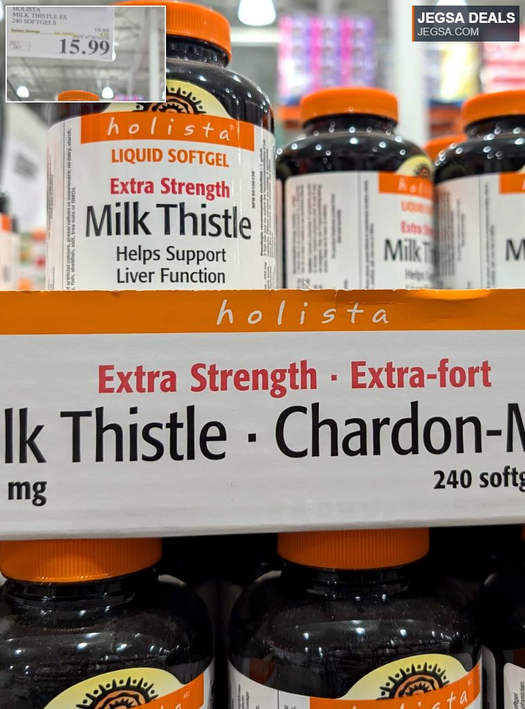 Holista Extra Strength Milk Thistle 240 softgels for liver support, seen at Costco for $15.99.