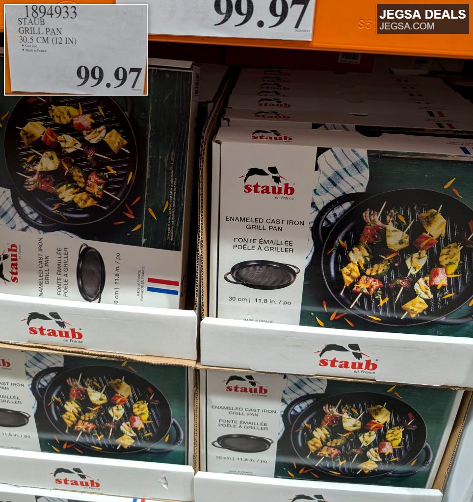 Black enameled cast iron STAUB grill pan, 30.5 cm, for indoor grilling, available at Costco for $99.97.