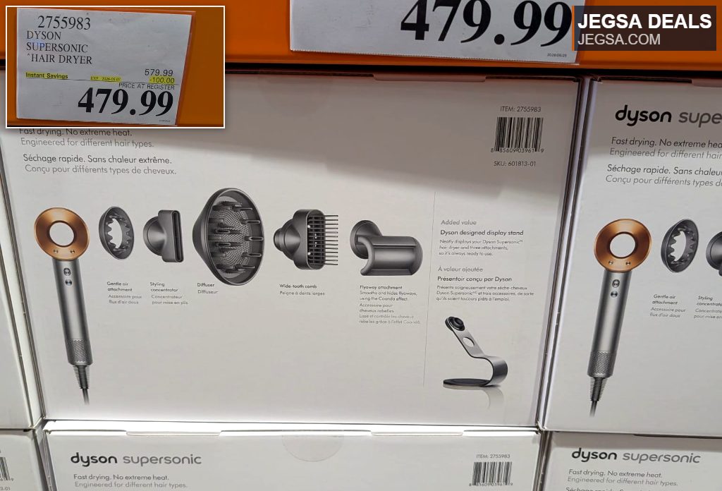 Dyson Supersonic hair dryer in gray and bronze with multiple attachments for all hair types, found at Costco for $479.99.