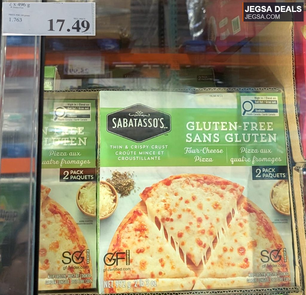 Sabatasso's Gluten-Free Four Cheese Pizza 2-pack from Costco, $17.49. Thin and crispy crust frozen pizzas.