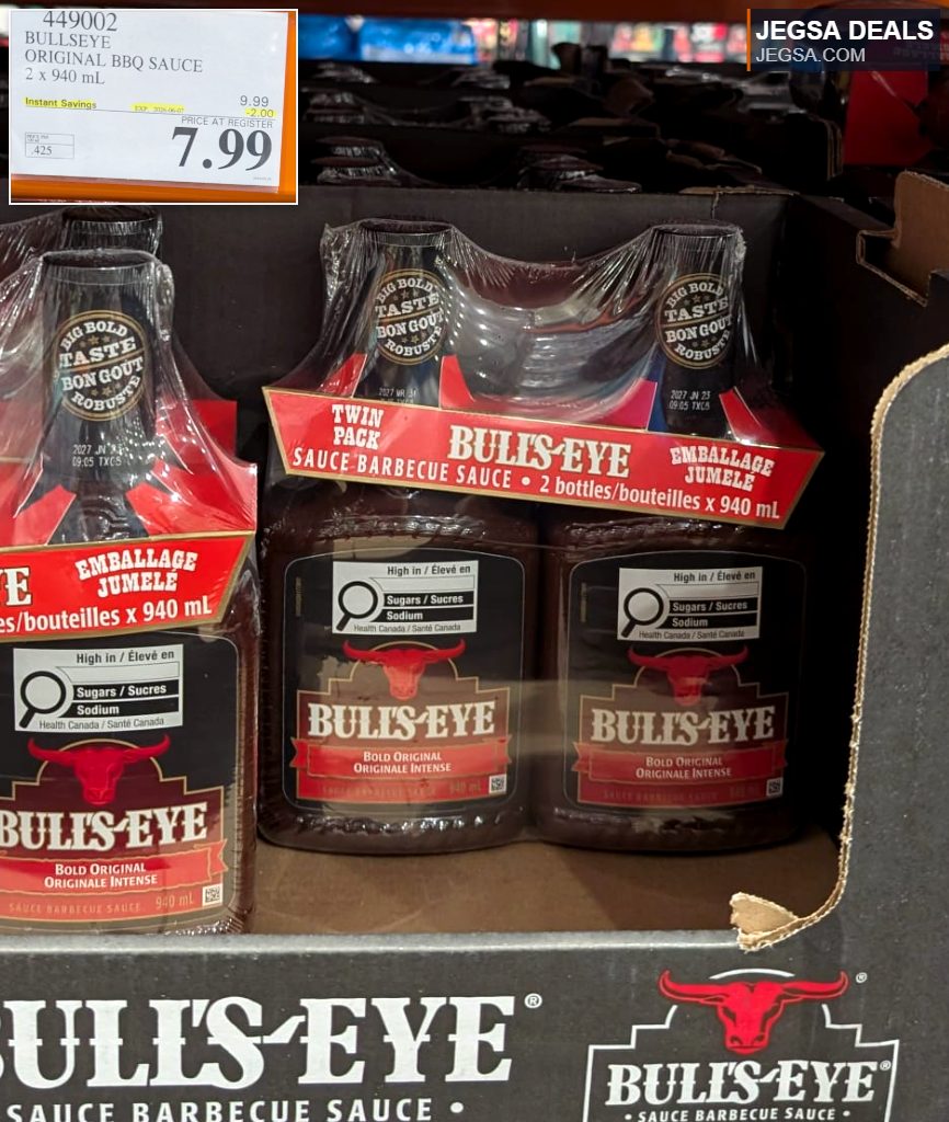 Bullseye Original BBQ Sauce twin pack (2x940mL) from Costco, ideal for grilling and marinating.
