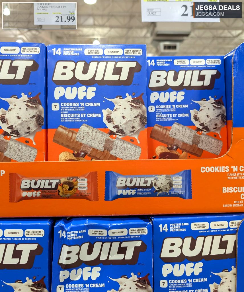 Built Puff Cookies 'N Cream and Peanut Butter protein bars, 14-count box from Costco.