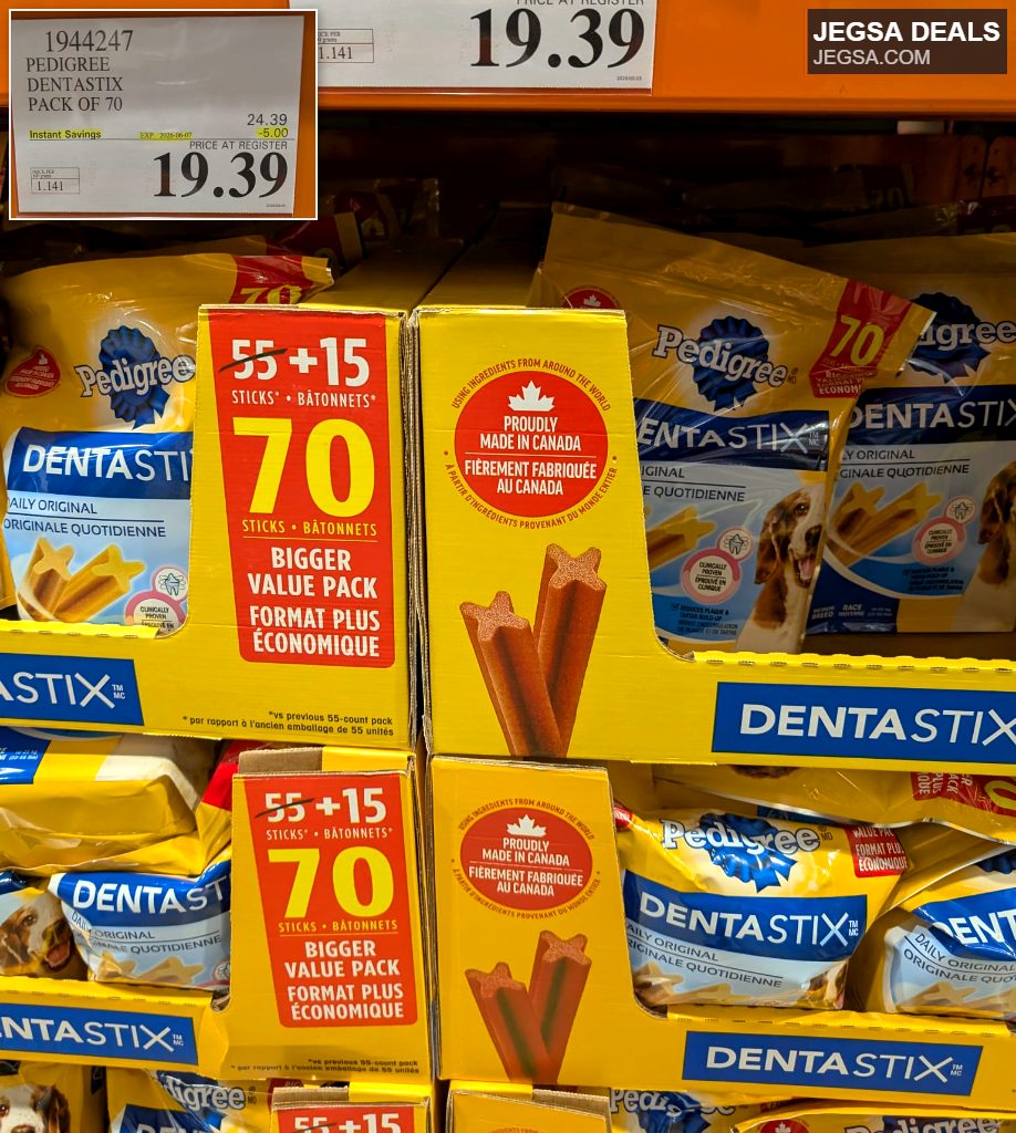 Pedigree Dentastix Daily Original dog dental treats, 70 count, from Costco. Helps reduce plaque and tartar.