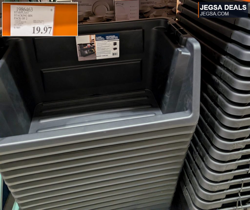 Black plastic STARPLAST stacking bins, sold in a pack of two, for home organization from Costco, priced at $19.97.