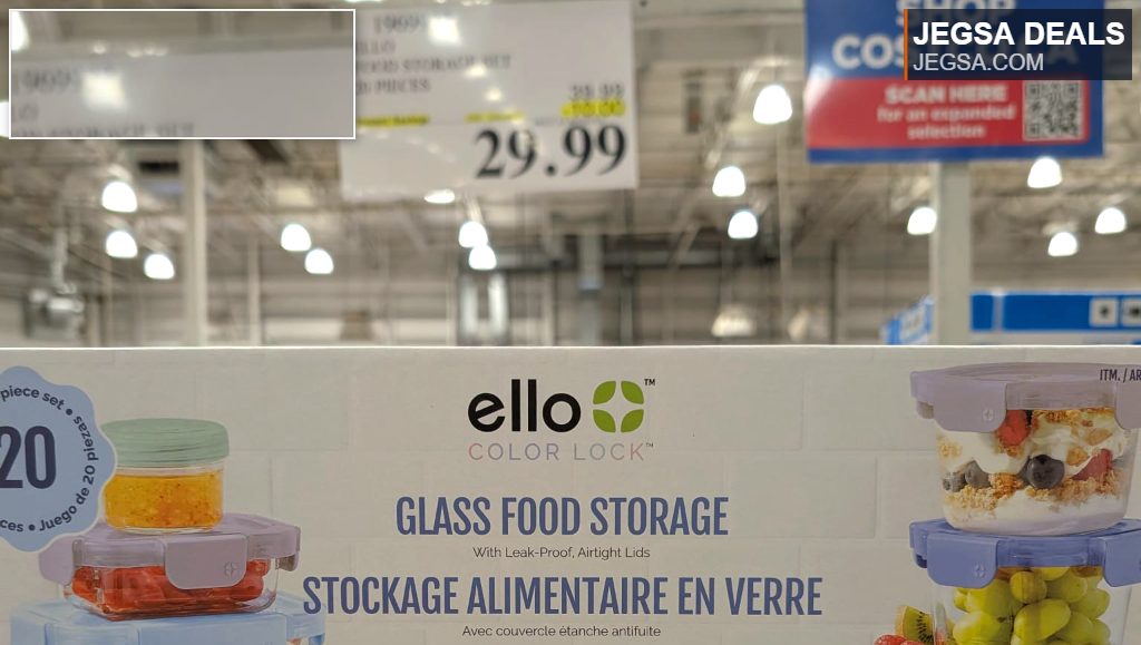 Ello Color Lock 20-piece glass food storage set with colorful leak-proof lids from Costco, $29.99.