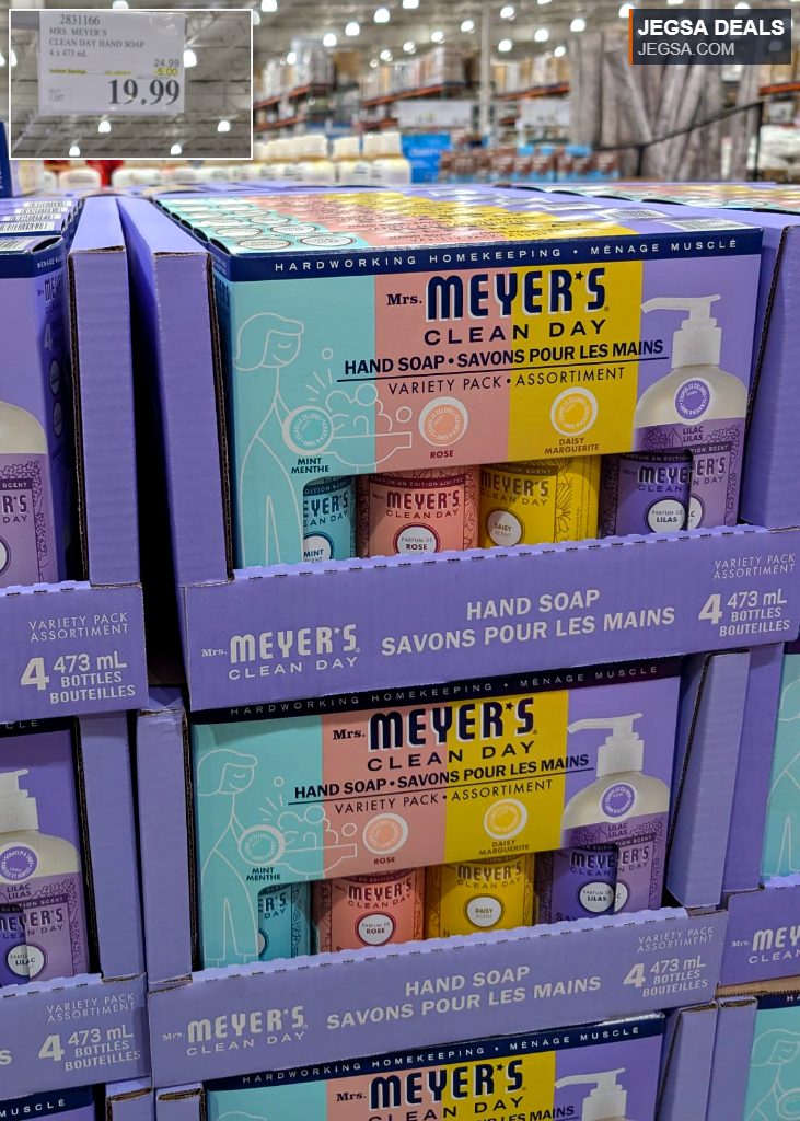 Mrs. Meyer's Clean Day hand soap variety pack, 4x 473ml bottles, featuring mint, rose, daisy, and lilac scents from Costco for $19.99.