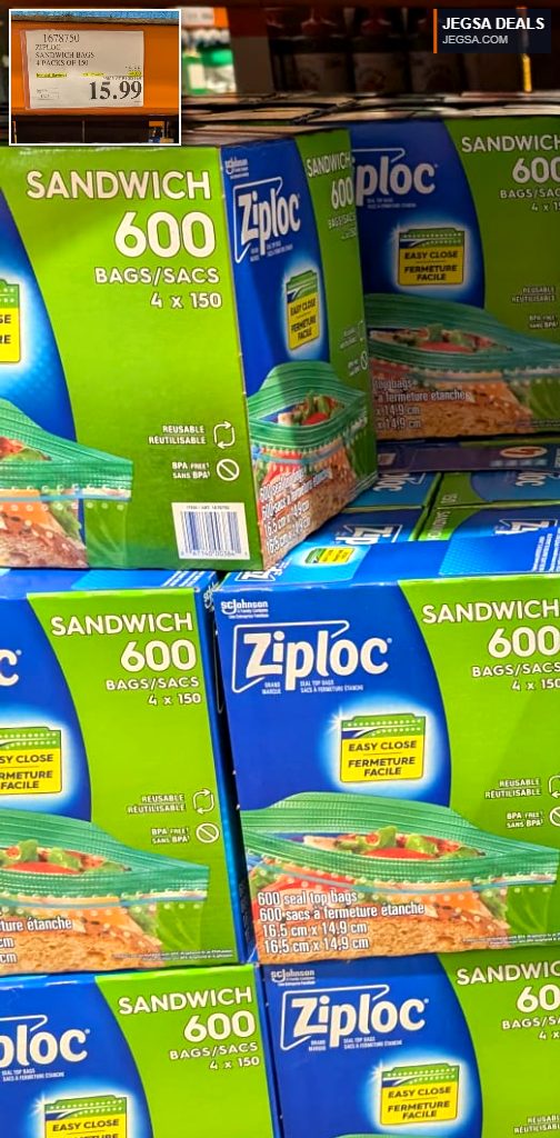 Ziploc Sandwich Bags, 4 packs of 150, for convenient food storage, available at Costco for $15.99.