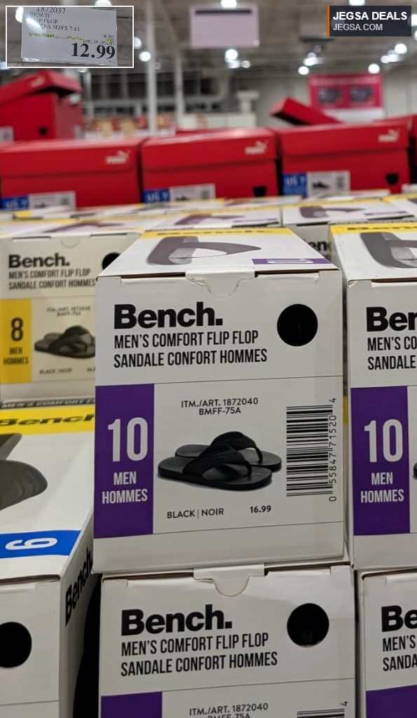 Black Bench Men's Comfort Flip Flops from Costco, priced at $12.99.