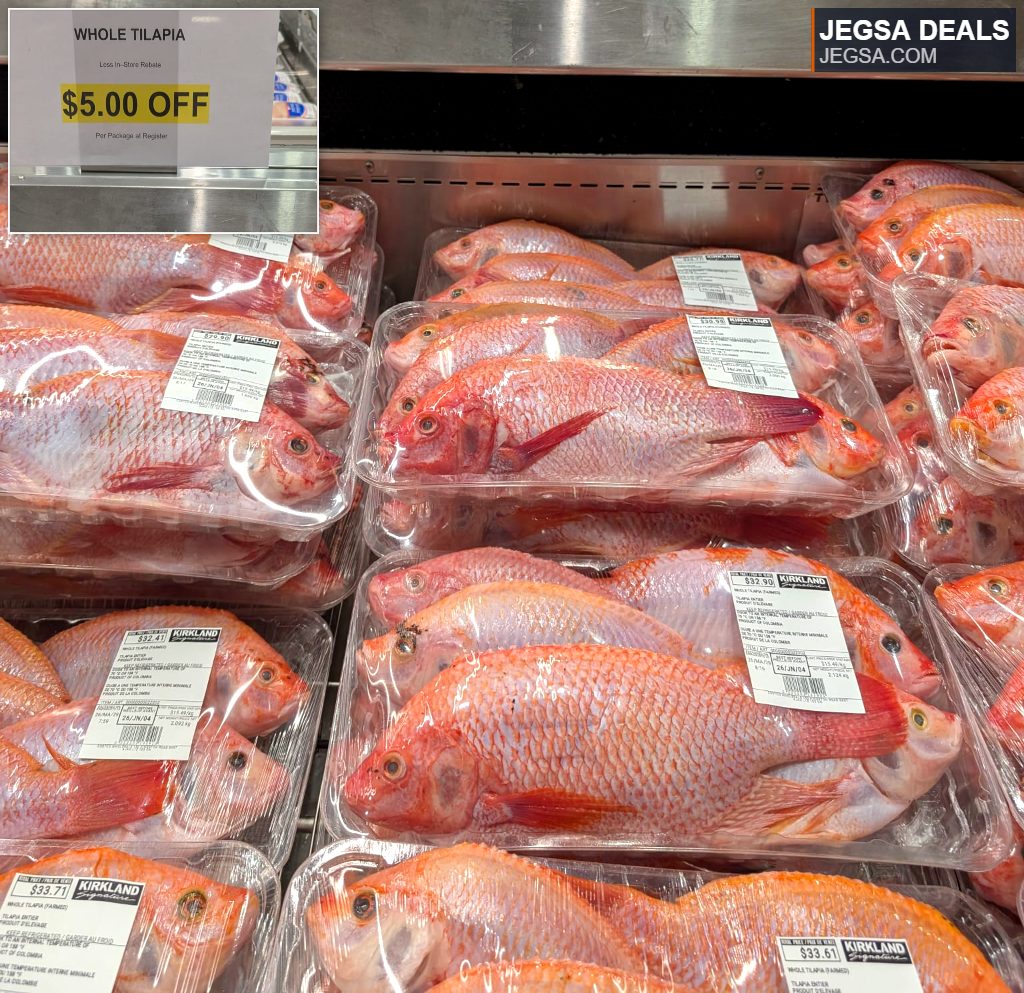 Fresh whole tilapia fish in bulk packaging from Costco, priced at $27.90 per package after rebate.