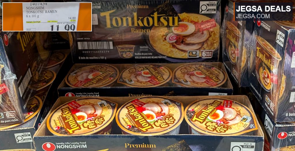 Nongshim Premium Tonkotsu Ramen 6-pack with rich pork broth from Costco, a quick and satisfying meal.