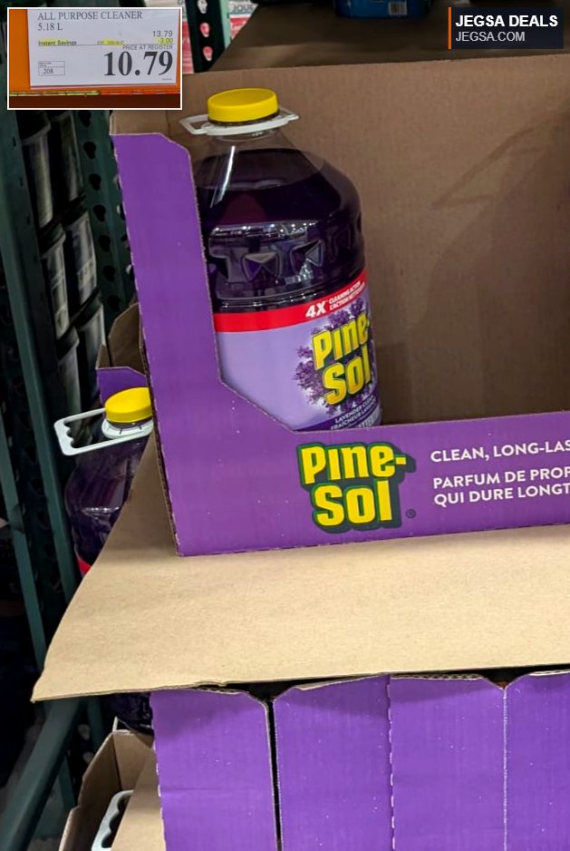 Pinesol Lavender All Purpose Cleaner in a large 5.18L bottle from Costco for $10.79, on a store shelf.