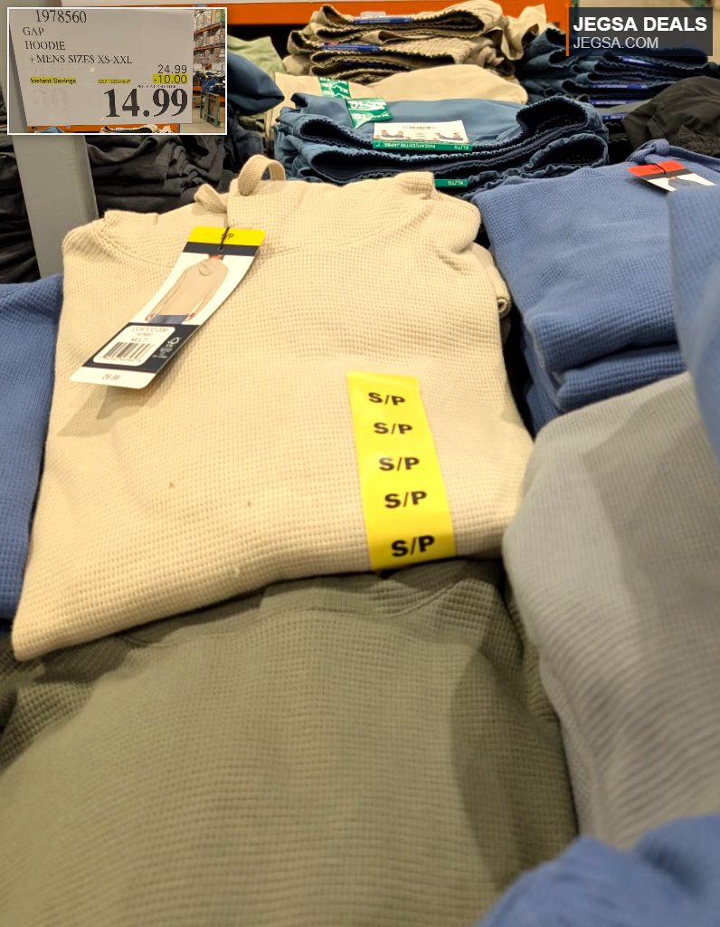 Men's beige Gap waffle-knit hoodie from Costco, offering comfort and warmth at a sale price of $14.99.