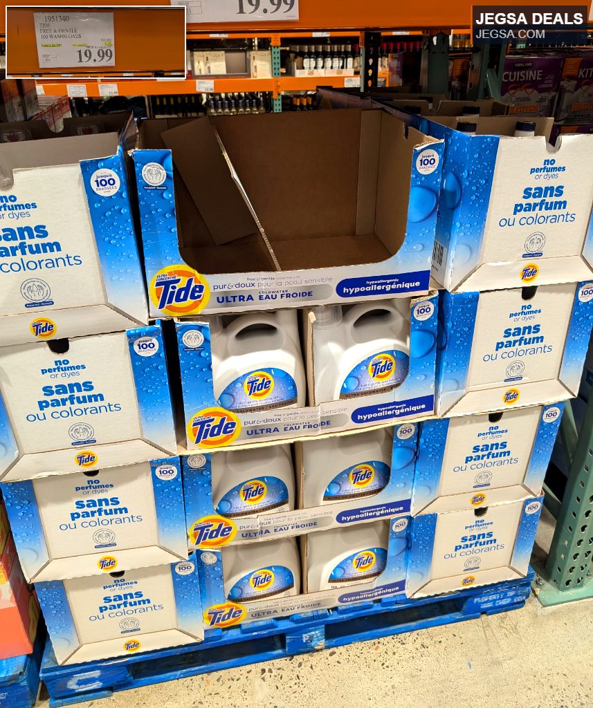 Bulk pack of Tide Free & Gentle liquid laundry detergent for 100 washloads, ideal for sensitive skin, available at Costco.