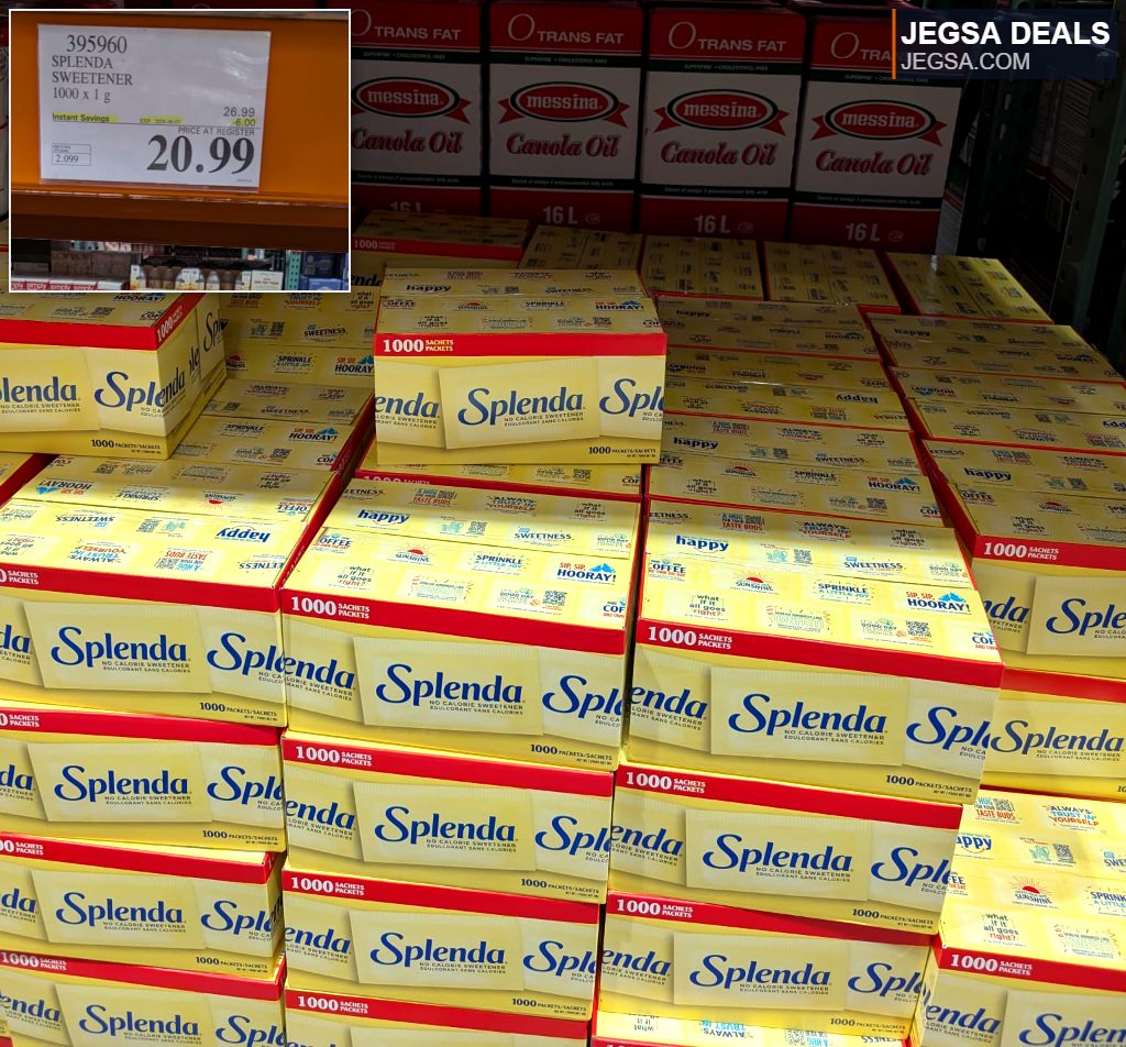 Splenda No Calorie Sweetener, 1000 packets, from Costco for $20.99, perfect for coffee and cooking.