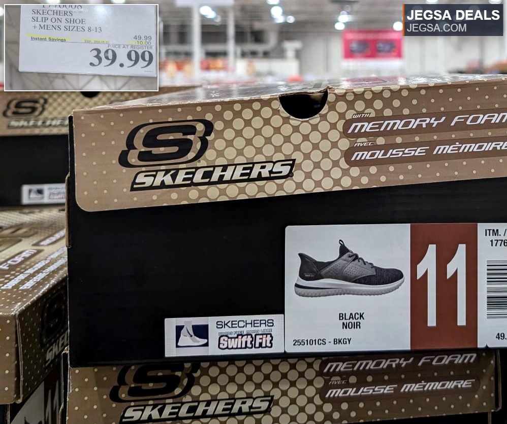Men's Skechers Swift Fit Memory Foam slip-on shoes in black and tan, available at Costco for $39.99.