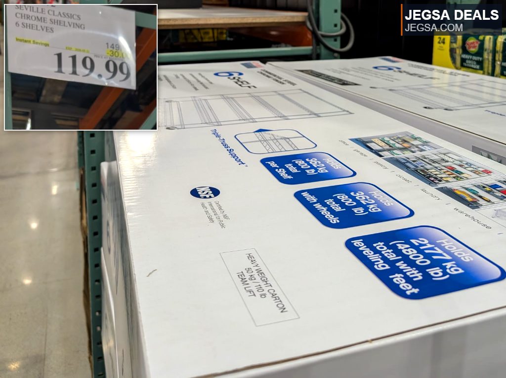 Seville Classics Chrome 6-shelf heavy-duty shelving unit, $119.99 at Costco, ideal for storage.