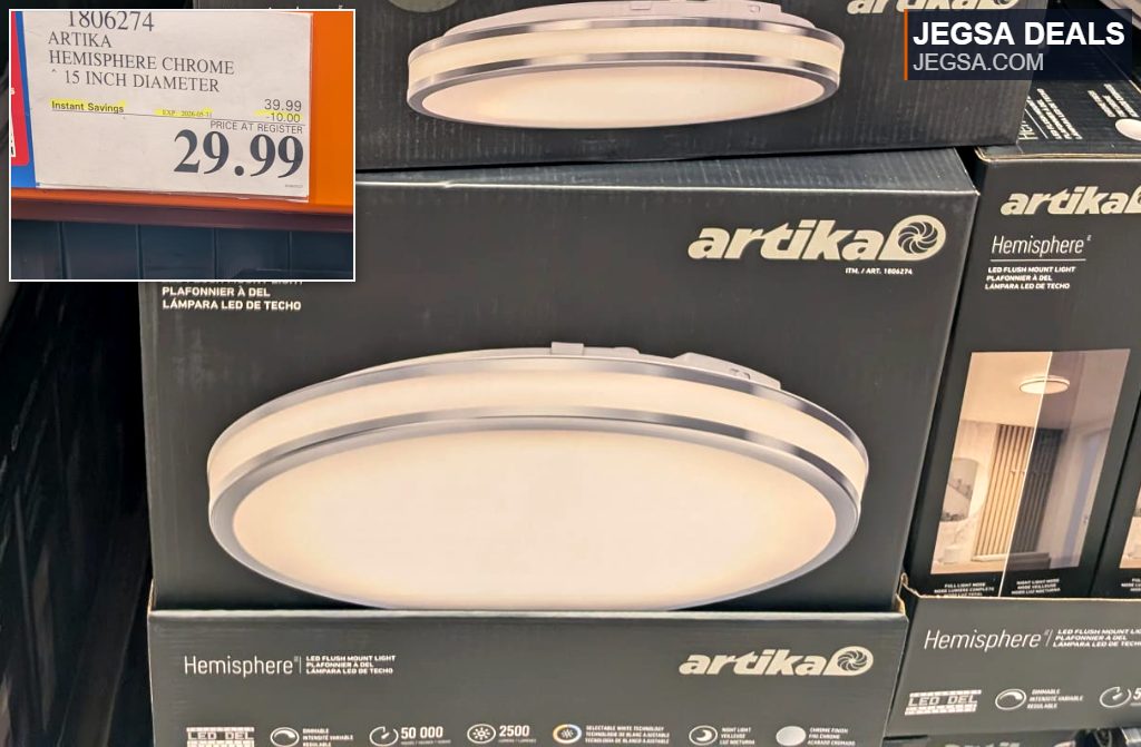 Artika Hemisphere Chrome 15-inch LED flush mount light from Costco, priced at $29.99, perfect for modern home decor.