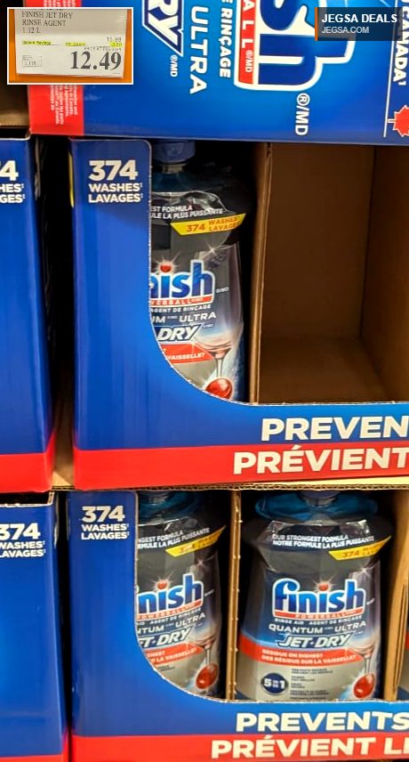 Finish Jet Dry Rinse Agent 1.12L from Costco for $12.49, ensuring streak-free, shiny dishes for your dishwasher.