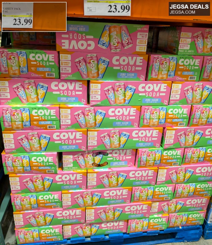 Cove Soda Zero Sugar Variety Pack, 24 x 355 mL cans, from Costco for $23.99, featuring lemon, rainbow sherbet, and pink slushie flavors.