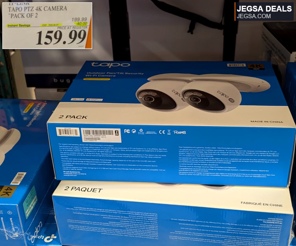 TP-Link Tapo 4K PTZ outdoor Wi-Fi security cameras (2-pack) from Costco, for comprehensive home surveillance.