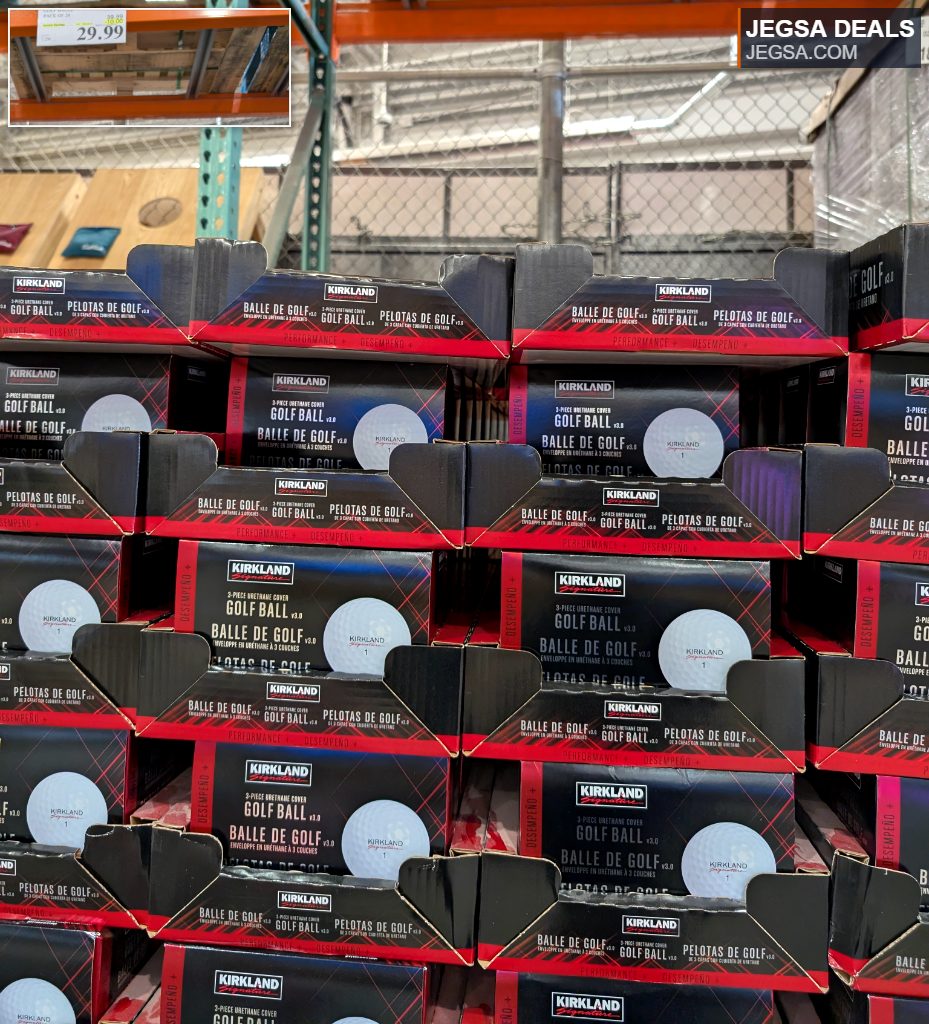 Kirkland Signature 24-pack white golf balls with 3-piece urethane cover, ideal for golfers, seen at Costco.