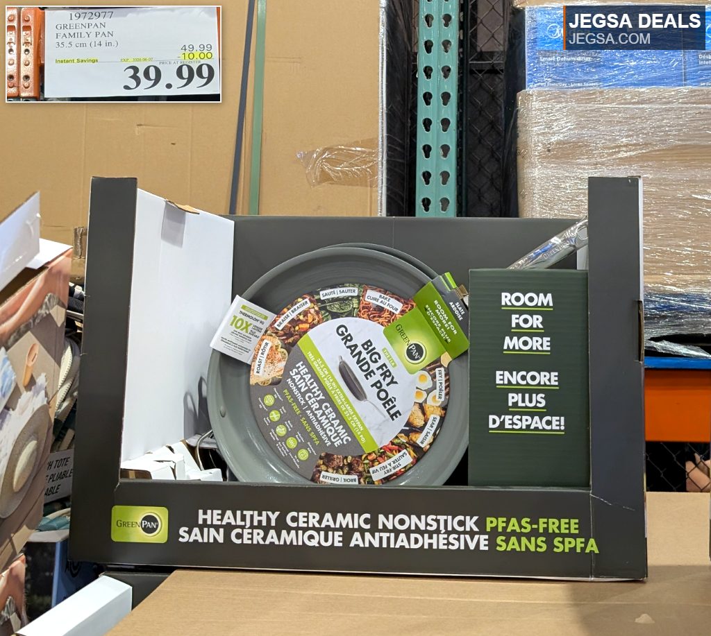 GreenPan Family Pan, a 14-inch healthy ceramic nonstick, PFAS-free frying pan for everyday cooking from Costco.