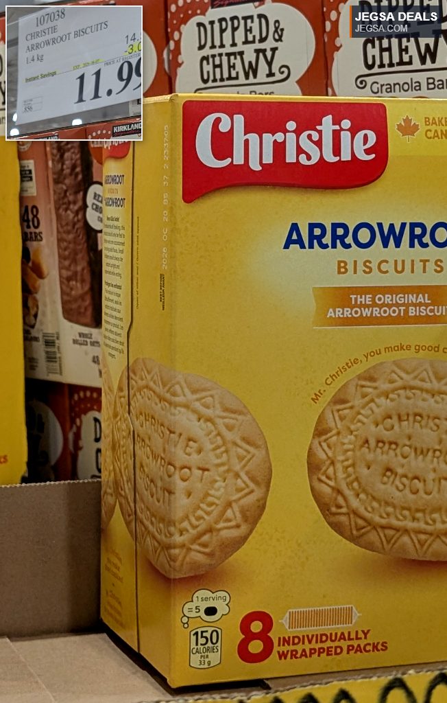 Christie Arrowroot Biscuits, 1.4kg pack, on sale at Costco for $11.99. Classic snack biscuits.