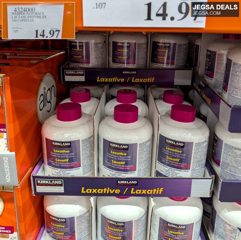 Kirkland Signature Polyethylene Glycol-3350 laxative powder, a health supplement from Costco for gentle relief.