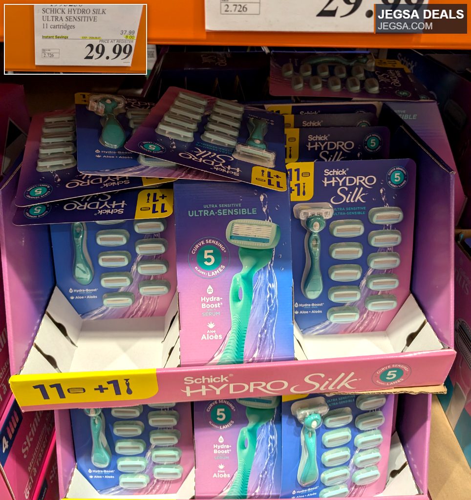 Schick Hydro Silk Ultra Sensitive razor and 11 cartridges, with aloe Hydra-Boost serum, for sale at Costco for $29.99.