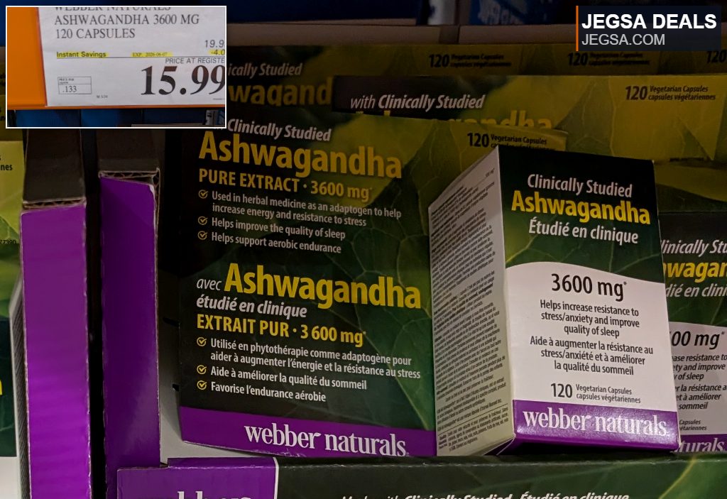 Webber Naturals Ashwagandha 3600 mg, 120 vegetarian capsules, a natural supplement for stress and sleep from Costco, $15.99.
