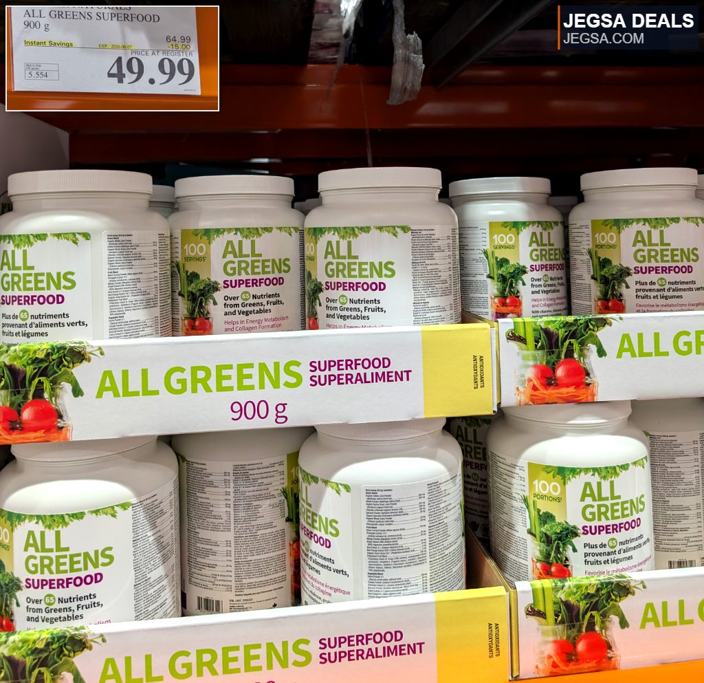 Webber Naturals All Greens Superfood 900g from Costco, promoting energy and wellness, priced at $49.99.