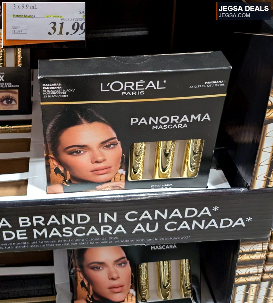 L'Oreal Paris Panorama Mascara 3-pack in black with gold accents, priced at $31.99 from Costco.