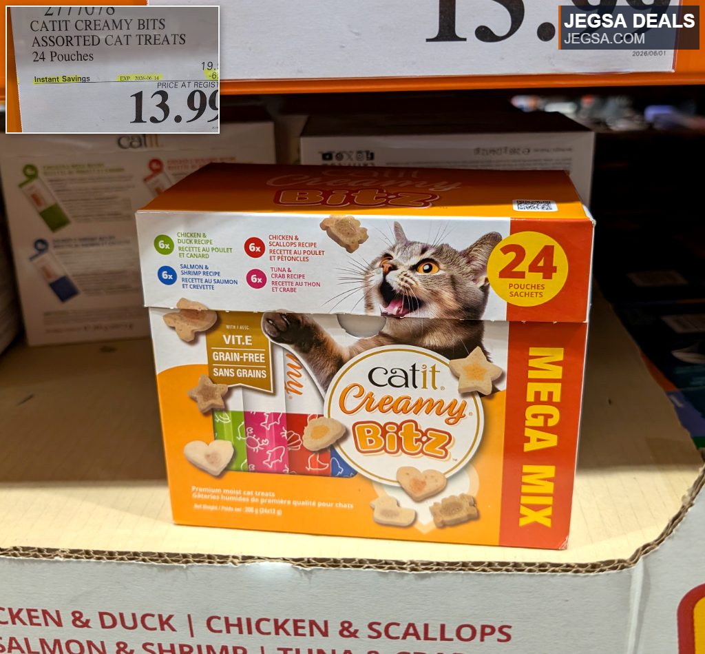 Catit Creamy Bitz Mega Mix assorted grain-free cat treats 24 pouches from Costco, $13.99.