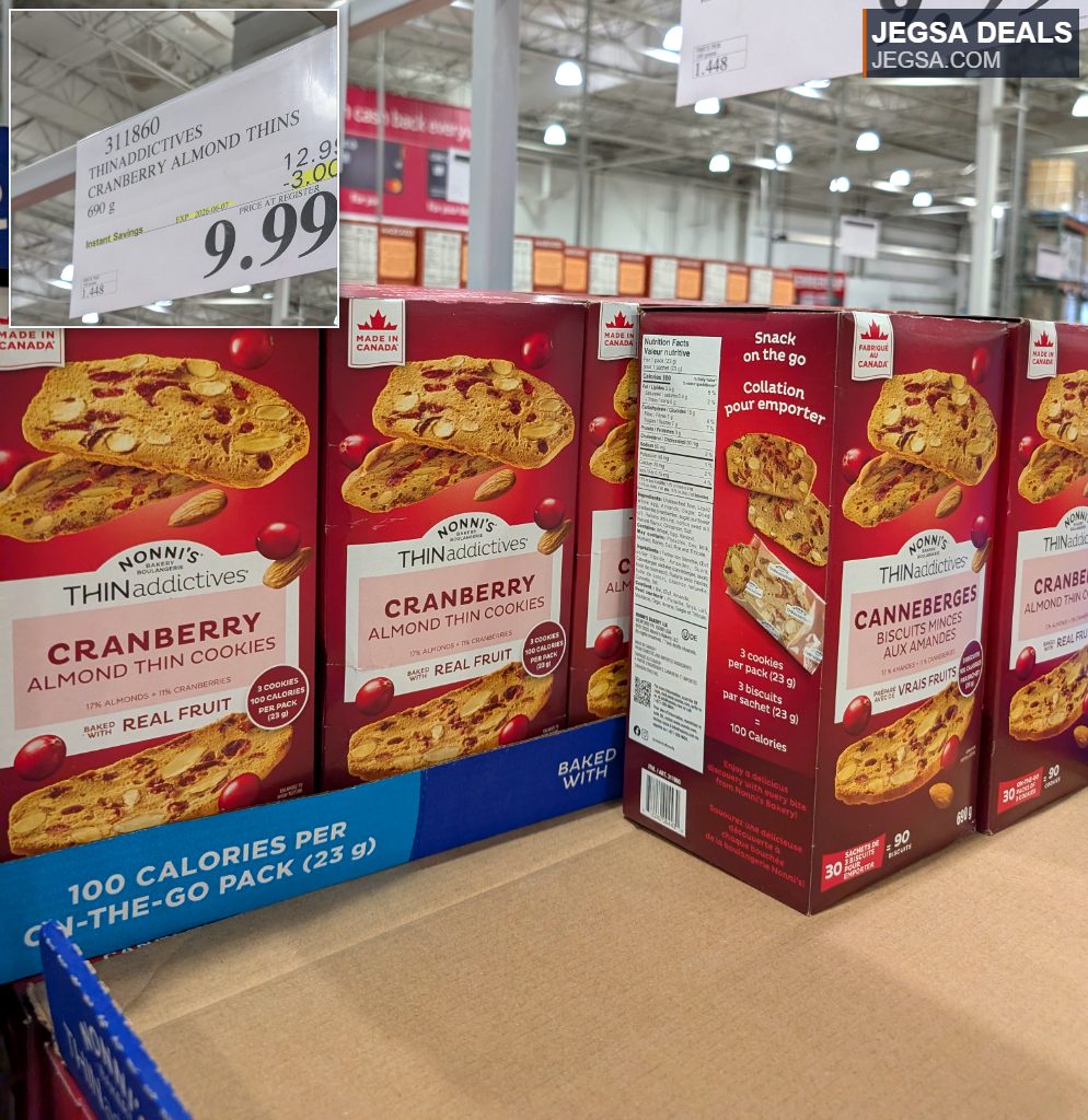 Nonni's THINaddictives Cranberry Almond Thin Cookies 690g box from Costco, perfect for light snacking or parties, priced at $9.99.
