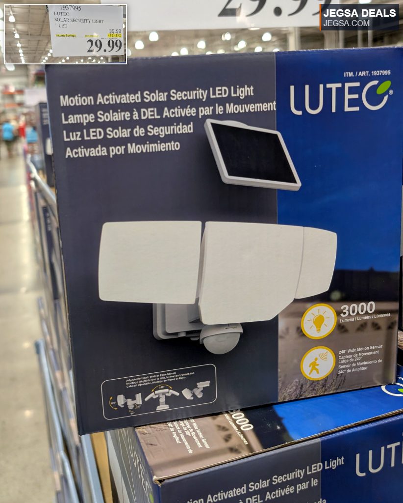 White LUTEC Motion Activated Solar Security LED Light from Costco, $29.99, perfect for outdoor home security.