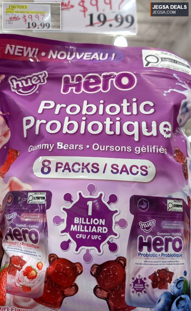 Huer Hero Probiotic Gummy Bears, 8-pack, from Costco, on sale for $9.97, promoting a healthy gut.