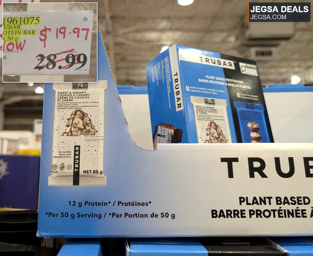 TRUBAR Plant Based Protein Bars, Sweet & Creamy Cookies & Creamy flavor, in a blue box from Costco, priced at $19.97.