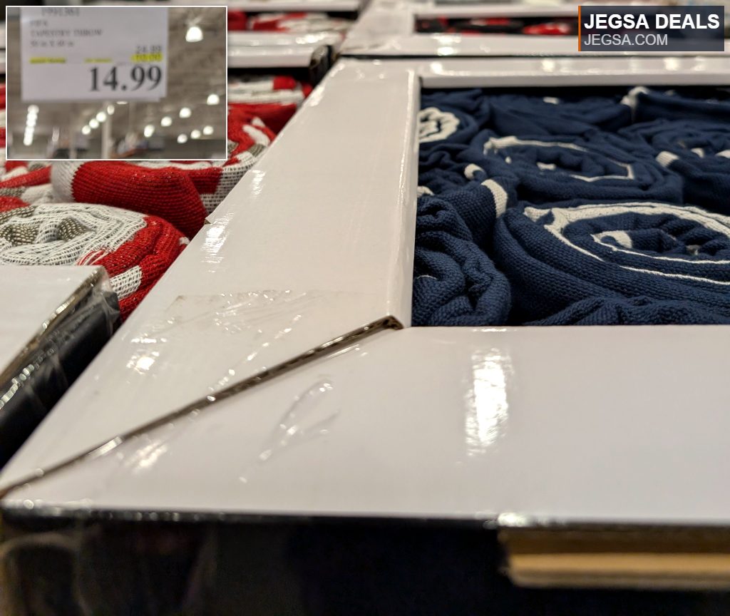 Red and white and blue and white patterned tapestry throws from Costco, priced at $14.99, for home decor.