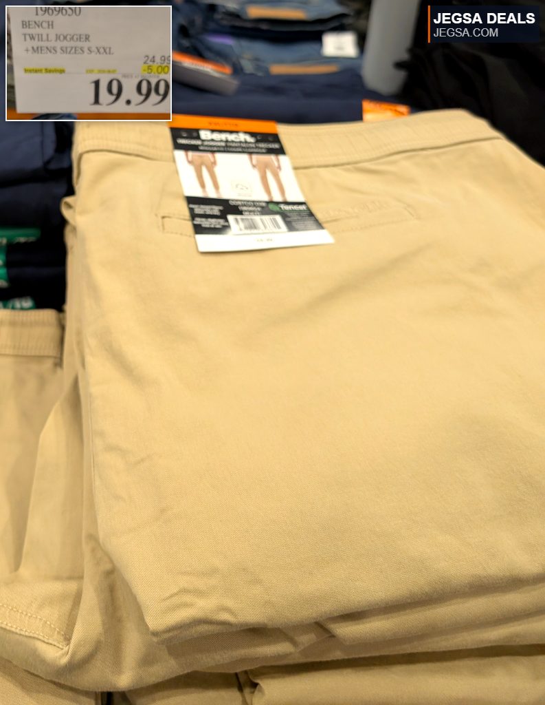 Khaki Bench Twill Jogger for men, offering comfort and style, available at Costco for $19.99.