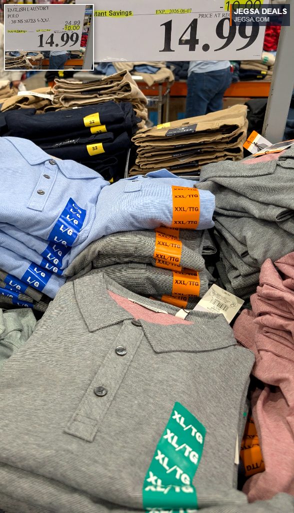 English Laundry men's casual polo shirts in blue, grey, and pink, available at Costco for $14.99.