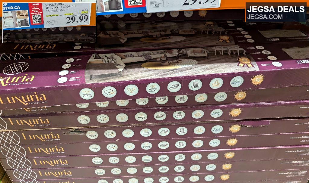 Mono Serra Luxuria Collection Silver Oak SPC vinyl flooring from Costco, ideal for home improvements at $29.99 per box.