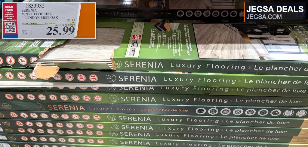 Serenia London Mist Oak vinyl plank flooring from Costco, durable and stylish for home renovations, priced at $25.99.