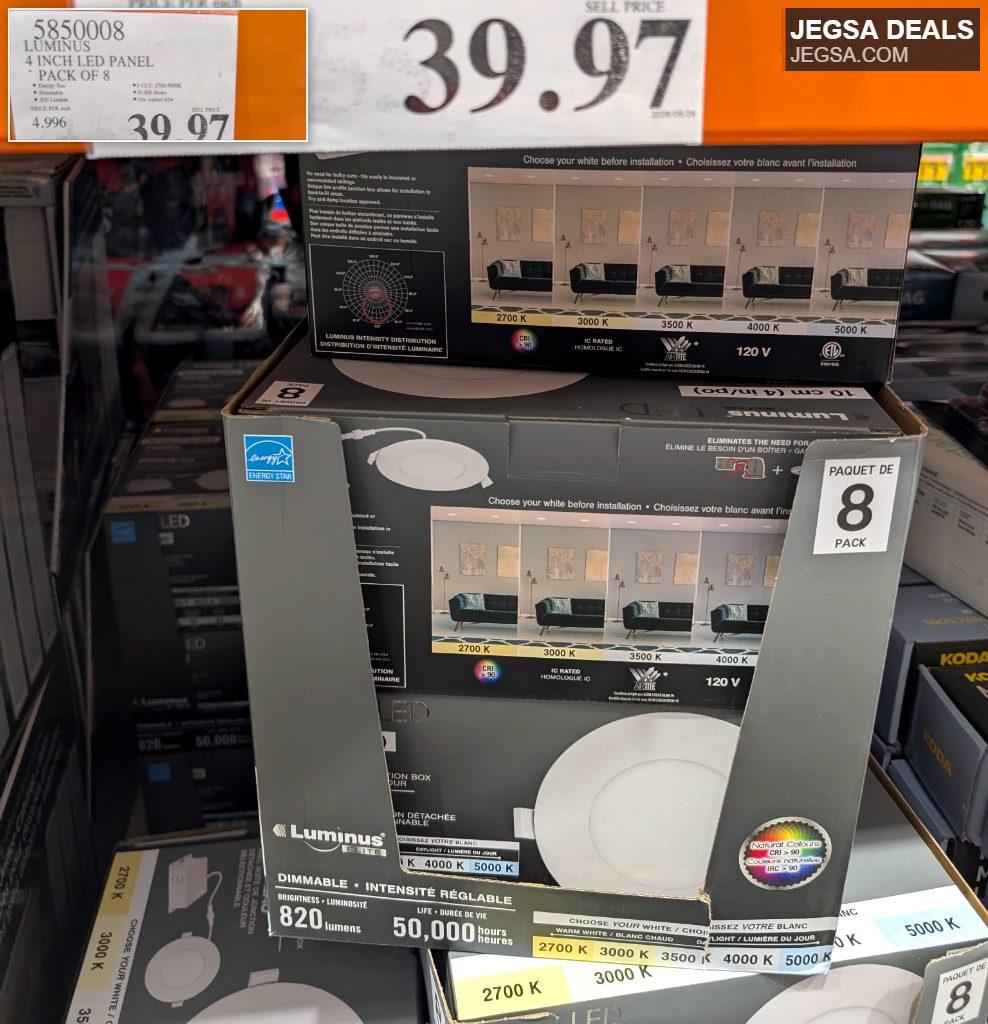 Luminus 4-inch LED panel 8-pack, dimmable with selectable color, 50,000-hour life from Costco.