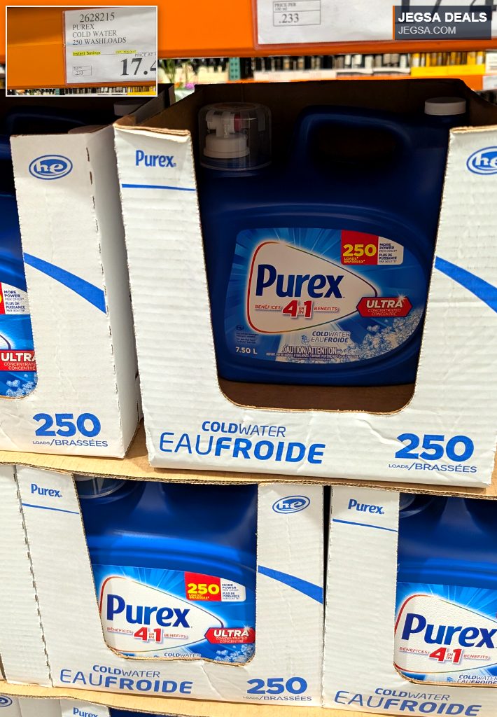 Large blue Purex Cold Water Ultra Concentrated laundry detergent, 7.5L, 250 loads from Costco.